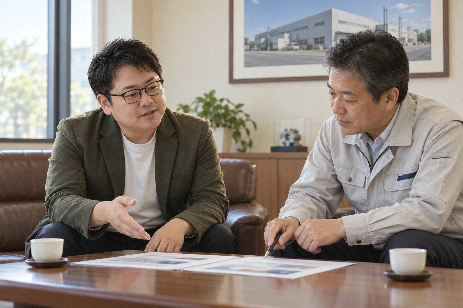 工場の応接室で、作業着の総務担当者と行政書士の岩佐が、書類を見ながら話している