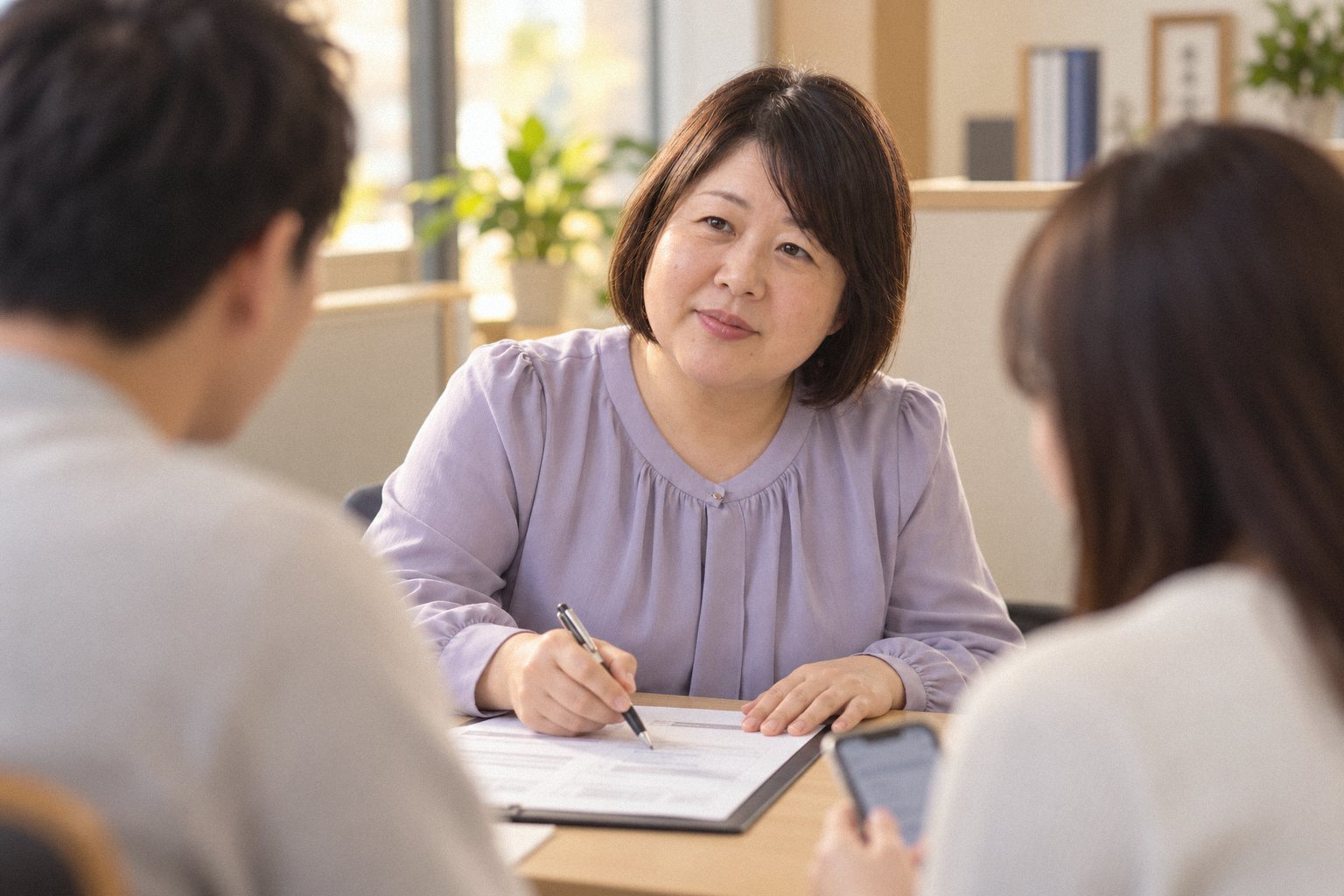 仕切りのある相談席で、行政書士の村瀬が若い夫婦に申請書の書き方を説明している